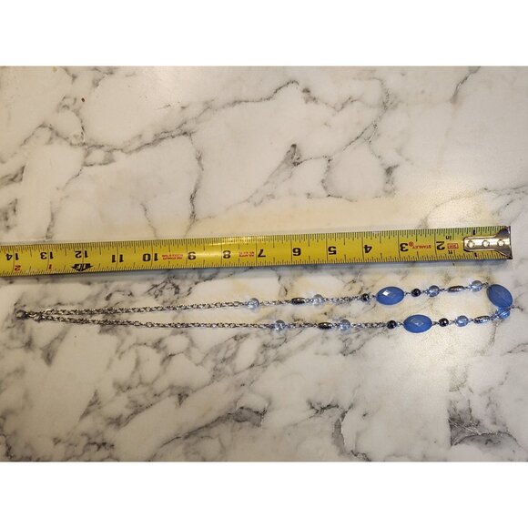 Vintage Blue Beaded Necklace With Silver Tone Accents & Chain - Picture 3 of 3